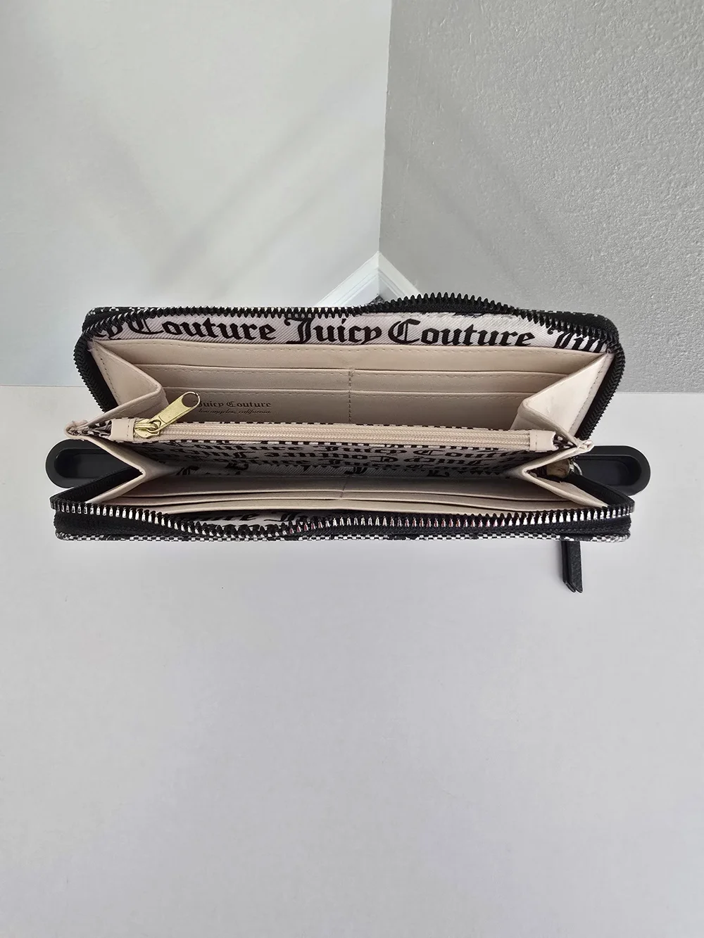 Juicy Couture Black and White Logo Zip-Around Wallet with Gold Heart Detail
